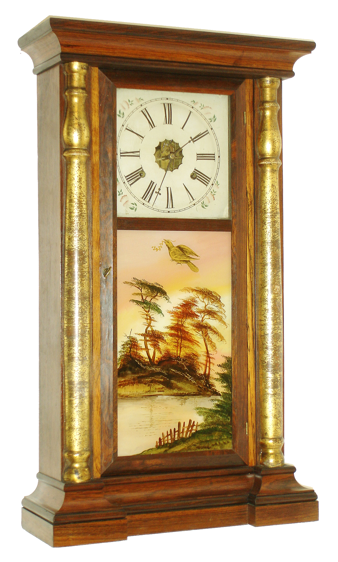 Welch, Spring &amp; Co., Bristol, Conn., 8 days, time and strike, rosewood gilt column and cornice shelf clock, c1868 — Antique Clocks Price Guide