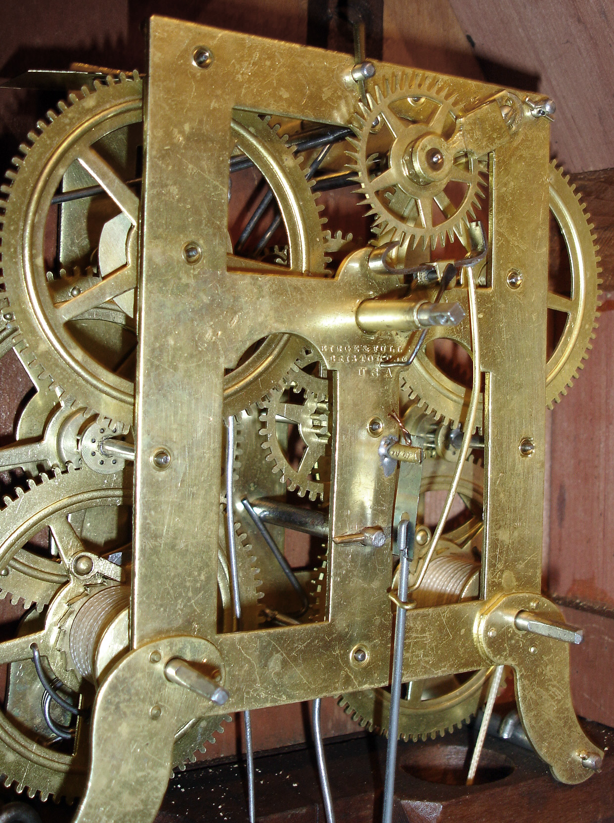 Birge &amp; Fuller, Bristol, Conn., 8 days, time and strike, wagon spring steeple on frame with candle finials or double steeple shelf clock, c1845 — Antique Clocks Price Guide