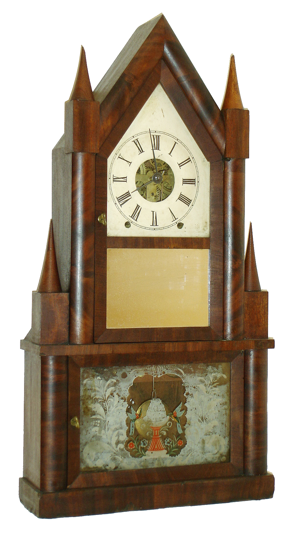 John Birge, Bristol, Conn., 8 days, time and strike, detached fusee steeple on frame or double steeple shelf clock, c1848. John Birge was on his on his own in 1848 after the death of Fuller and continued to make clocks with movements from the old firm. — Antique Clocks Price Guide