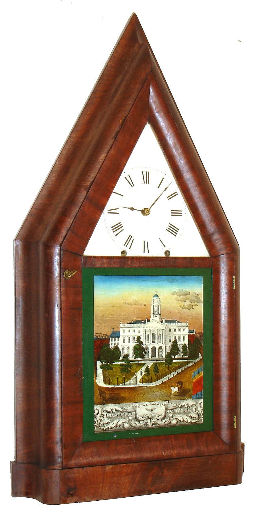 John Hunt, Plainville, Conn., oversize steeple or "Sharp Gothic" mantel clock, 8 days, time and strike, spring driven movement in an OG form mahogany veneer case with painted metal dial and reverse painted tablet, c1845  From the Doug Shaffer collection. — Antique Clocks Price Guide