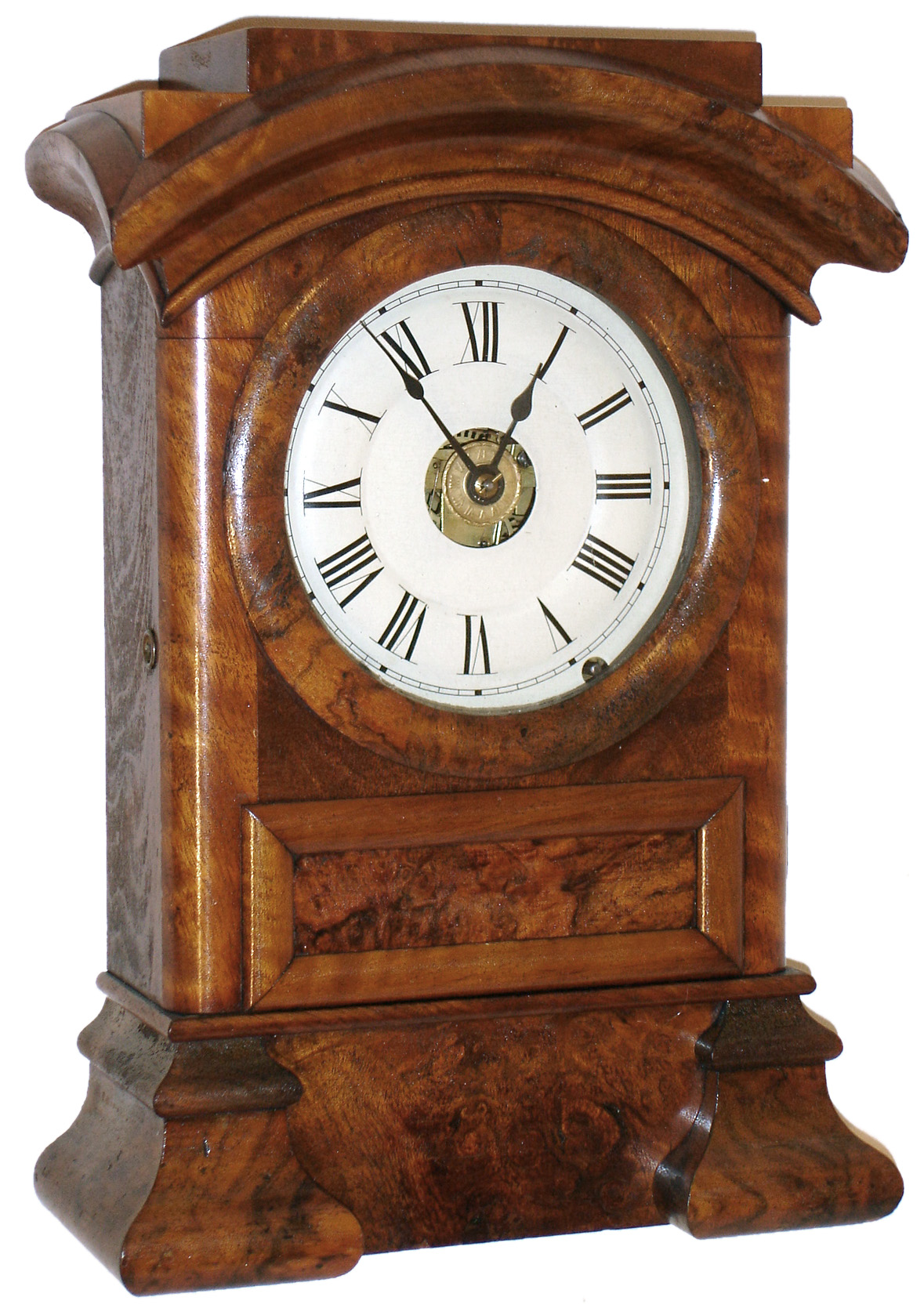 Seth Thomas Clock Co., Thomaston, Conn., "Arch Top" 8 days, time, strike and alarm burled walnut mantel clock, c1880 — Antique Clocks Price Guide