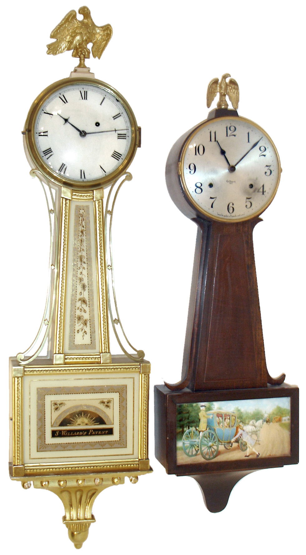 Clocks- 4 (Four) American 8 days, full size banjo clocks: unsigned modern weight-driven painted gold and white case; Gilbert "Hoadley" time and "Normandy Chime"; New Haven "Willard Chime" 3 train; New Haven "Willard" time and strike, 20th century — Antique Clocks Price Guide