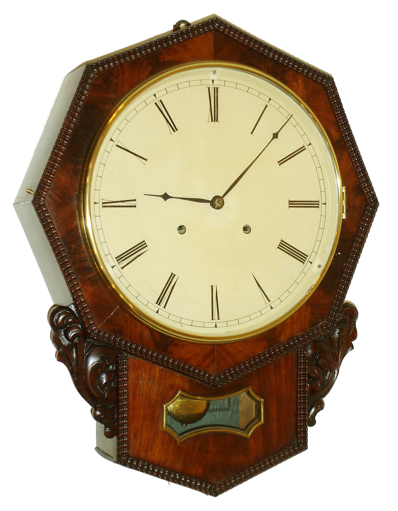 Chauncey Jerome, New Haven, Conn., 8 days, time and strike, spring driven double fusee movement in a mahogany veneer case with carved ears and ripple molding and painted metal dial, c1850 — Antique Clocks Price Guide