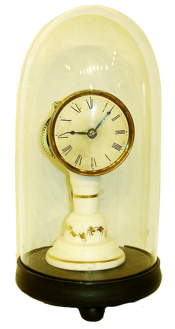 Samuel N. Botsford, Conn., "Candlestick" clock, 30 hours, time only, spring driven movement on a porcelain candlestick pedestal on an ebonized wooden base with dome and papered metal dial, c1855 — Antique Clocks Price Guide
