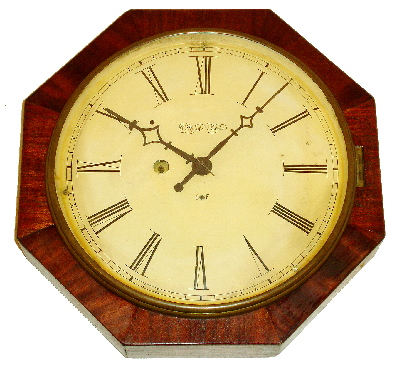 Marine Clock Manufacturing Co., New Haven, Conn., "Kirk's Patent" wall clock, 30 hours, time and strike, spring driven movement with double escape wheel and cast iron back plate in a mahogany veneered octagonal case with painted metal dial, c1850 — Antique Clocks Price Guide