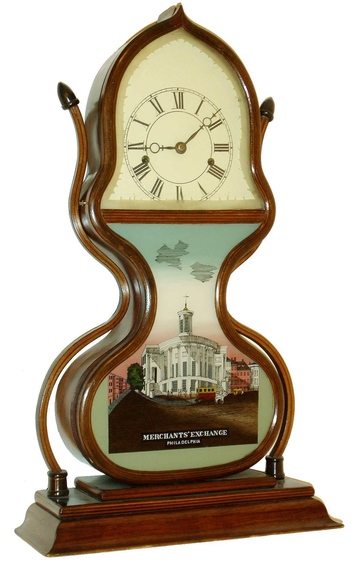 J.C. Brown, Bristol, Conn., "Acorn" mantel clock, 8 days, time and strike, spring driven fusee movement in a laminated and rosewood veneered case with reverse painted tablet and painted metal dial, c1847 — Antique Clocks Price Guide