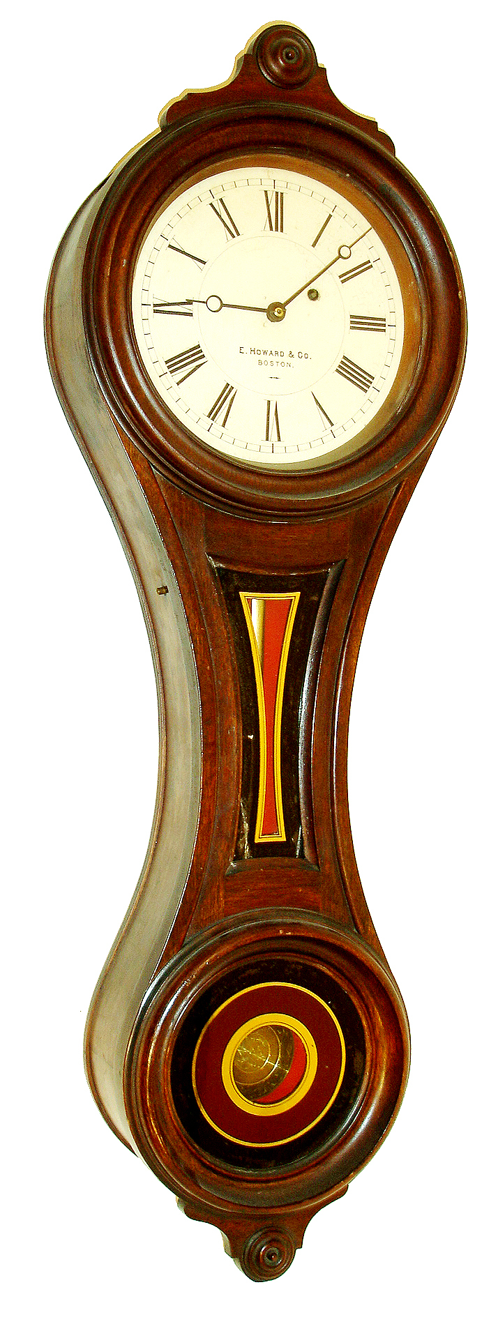 E. Howard &amp; Co., Boston, Mass., "No. 9 Regulator" figure eight wall clock, 8 days, time only, weight driven movement in a walnut case with painted iron dial and reverse painted tablets, c1880 — Antique Clocks Price Guide