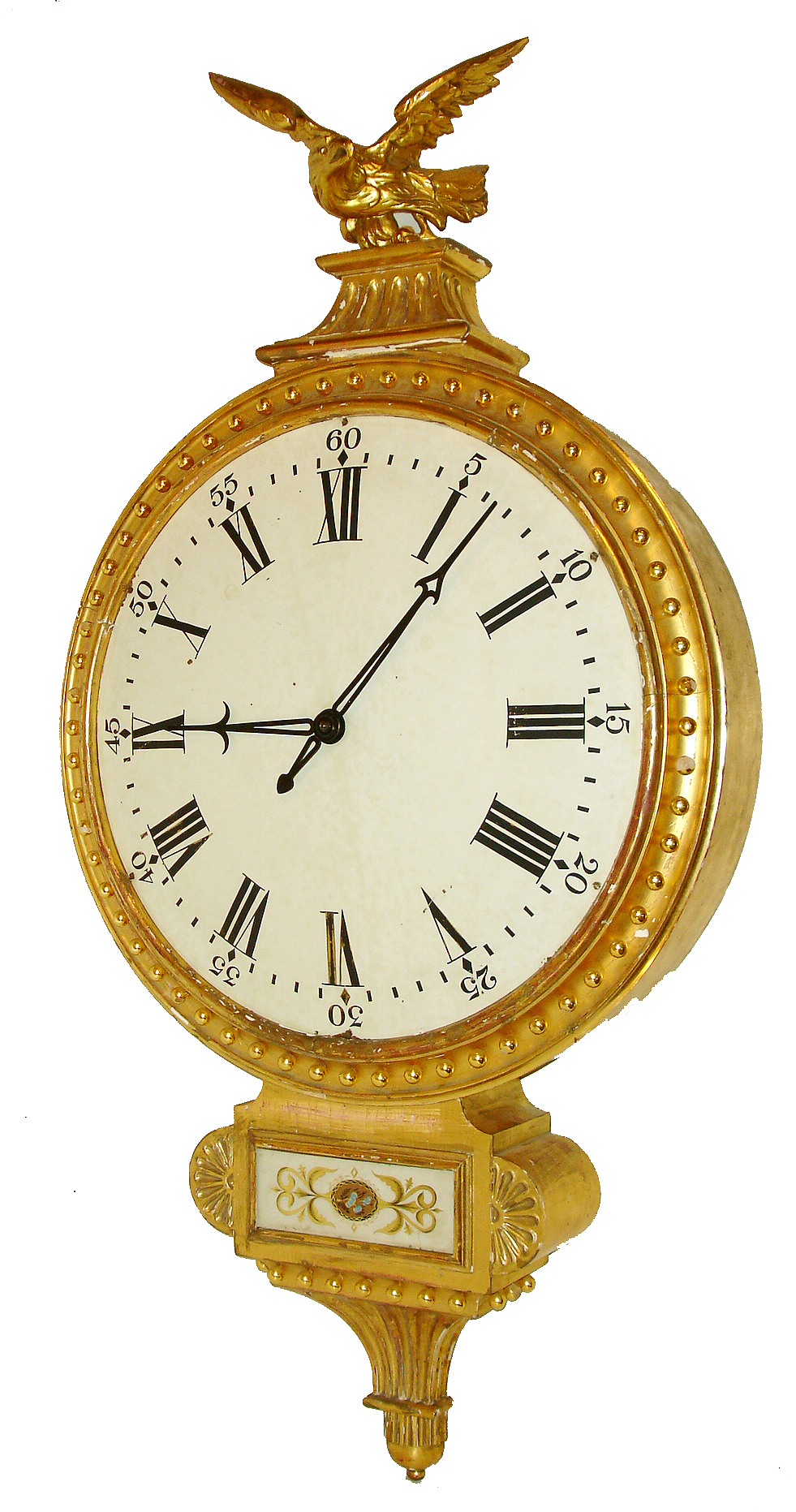 Willard style gallery wall clock, electric modern movement in a 19th century gilded case surmounted by a gilded carved eagle with painted brass 27" convex dial and reverse painted lower tablet — Antique Clocks Price Guide