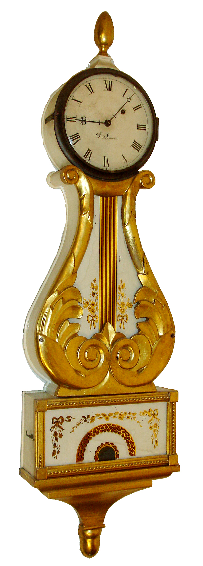 Lyre banjo wall clock, 8 days, time only, weight driven late 19th century movement in a 19th century gilded front, white painted mahogany case with reverse painted tablets and painted iron dial with "J. Sawin" signature — Antique Clocks Price Guide