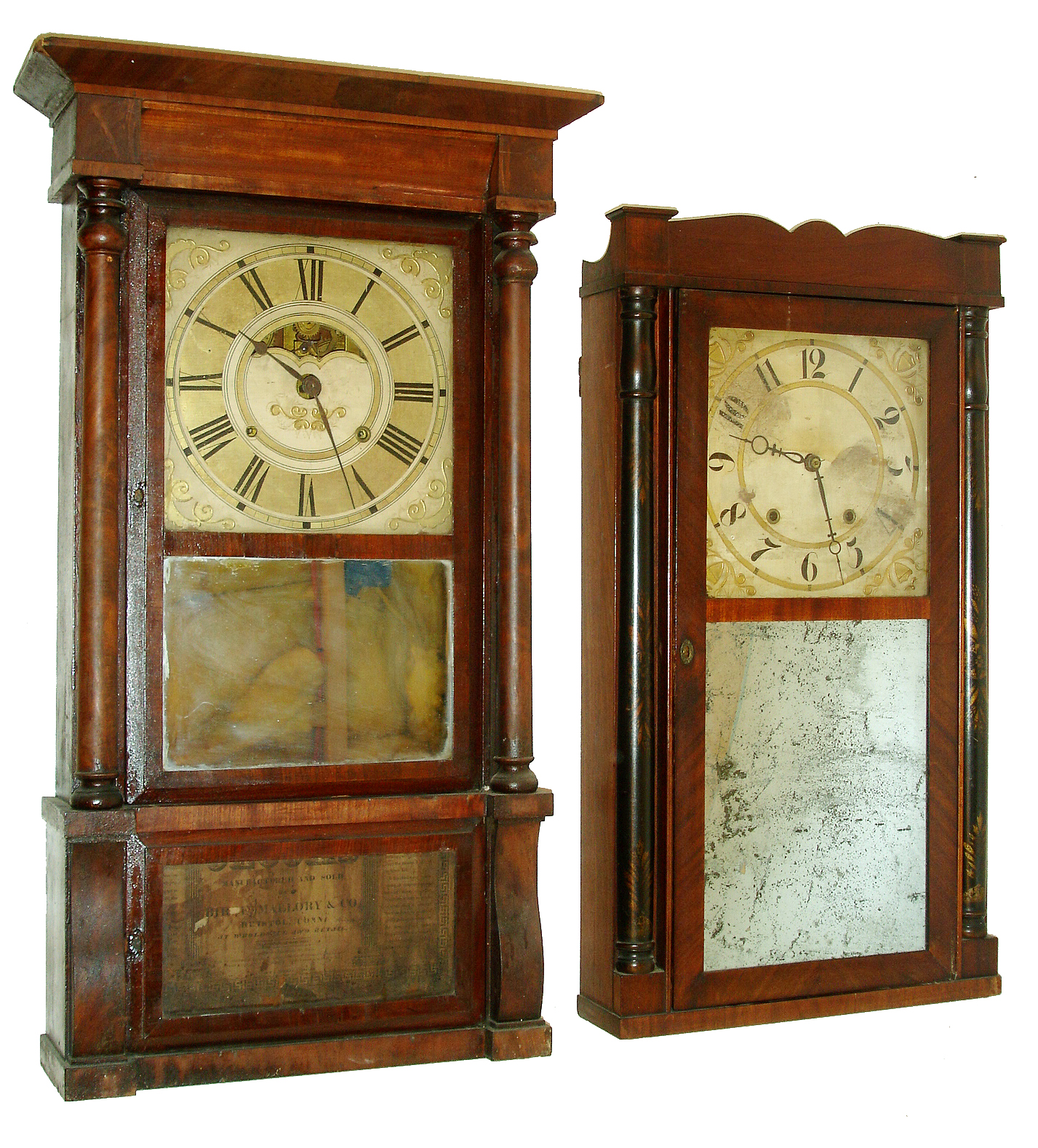 Clocks- 2 (Two): (1) Birge, Mallory &amp; Co., Bristol, Conn., 8 days, time and strike, weight brass movement column &amp; cornice shelf clock, c1840  (2) Henry Terry &amp; Co., Plymouth, Conn., 30 hours, time and strike, weight wood movement half column &amp; splat shelf clock, c1835 — Antique Clocks Price Guide