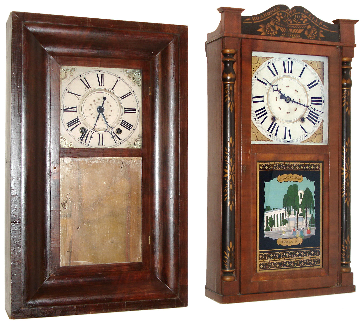 Clocks- 2 (Two): (1) Boardman &amp; Wells, Bristol, Conn. 30 hours, time and strike, weight wood movement half column and splat shelf clock. (2) Smith &amp; Brothers, New York, 30 hours, time and strike, weight wood movement OG shelf clock, c1840 — Antique Clocks Price Guide