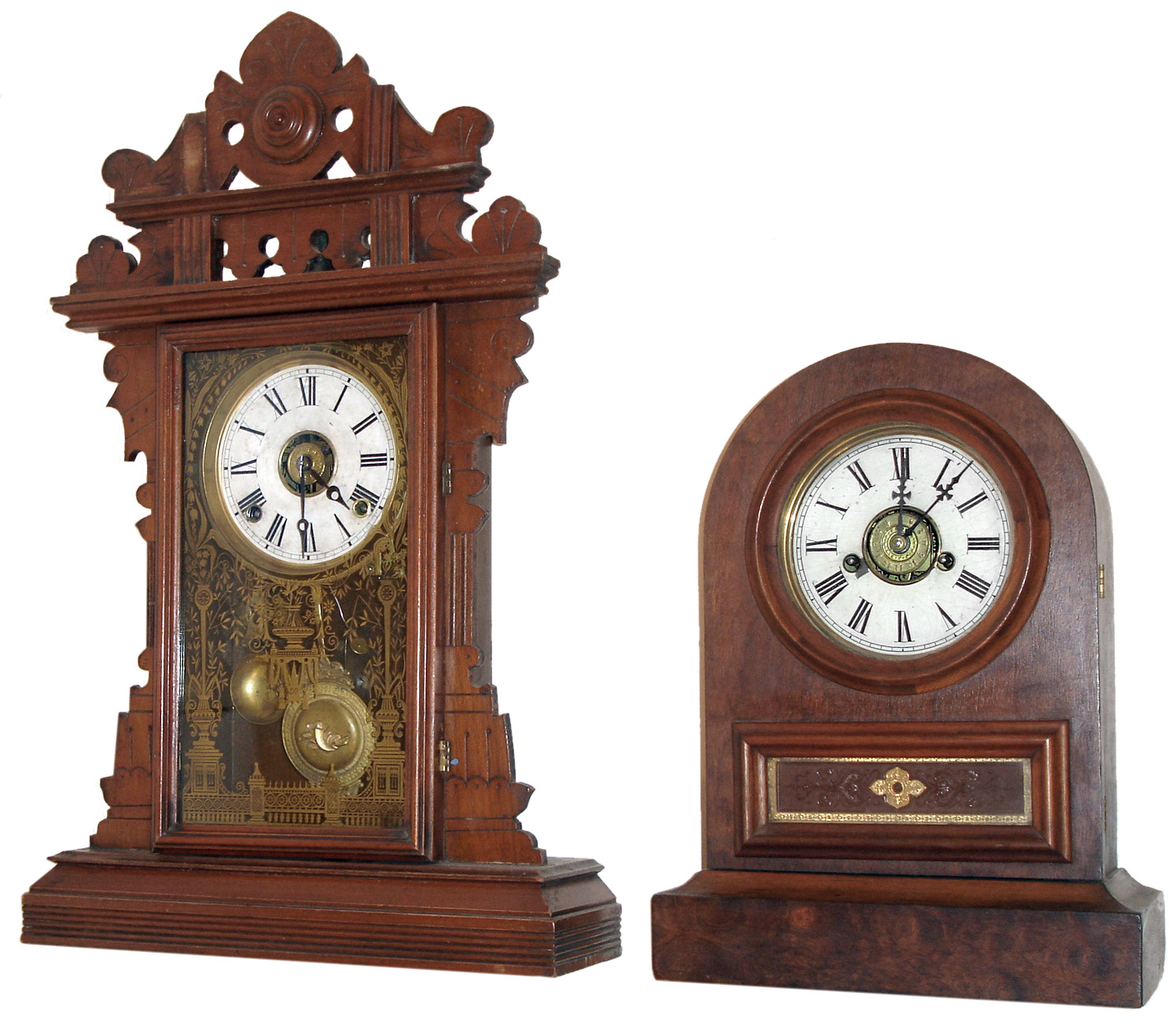 Clocks- 2 (Two):  Jerome &amp; Co. Round Top shelf clock with a 30 hours, time/strike/alarm movement, c1865. The second is an E. N. Welch, Forestville, Conn.walnut kitchen mantel clock (unidentified model) with 8 days, time/strike/alarm movement, c1890. — Antique Clocks Price Guide
