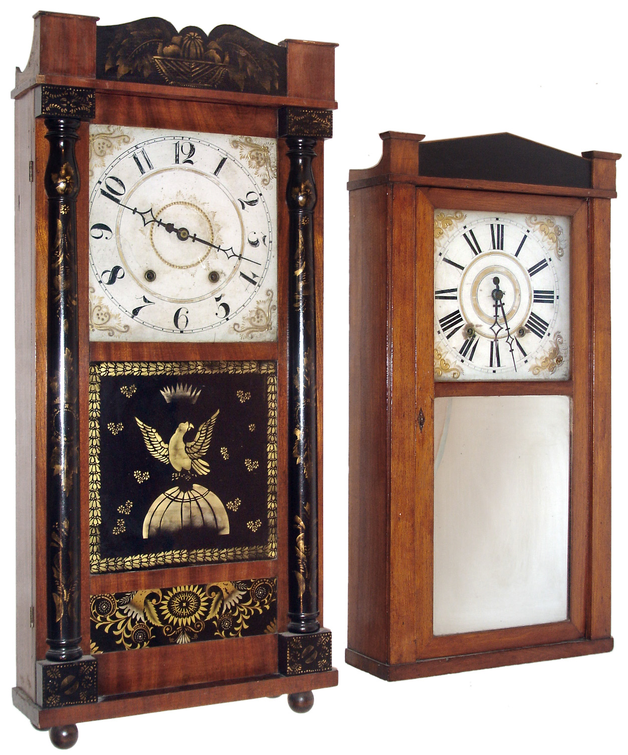 Clocks- 2 (Two): (1)C. &amp; L. C. Ives, Bristol, Conn., 30 hours, time and strike, weight wood movement half column &amp; splat shelf clock, c1832  (2)Jefferson Steele for W. &amp; G. Loveland, Berlin, Conn., 30 hours, time and strike, weight wood movement shelf clock, c1835 — Antique Clocks Price Guide