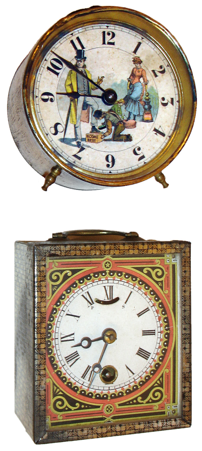 Clocks- 2 (Two): (1) Automaton dial of man having his shoes shined in an alarm clock style case, c1886  (2) C. C. C, (Centennial Cabinet Clock) lever movement novelty timepiece, c1875 Aug. S. Jerome, New York. Augustus was the oldest of the three sons of Chauncey Jerome. — Antique Clocks Price Guide