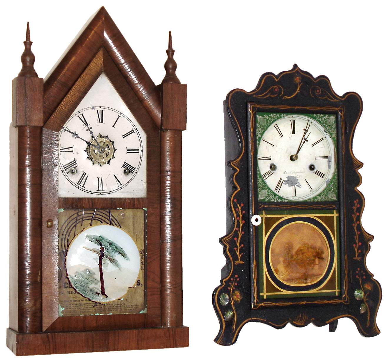 Clocks- 2 (Two): (1) E. &amp; A. Ingraham, Bristol, Conn., 30 hours, time and strike, painted and gold decorated with MOP shelf clock. (2) Waterbury Clock Co., Waterbury, Conn., 8 days, time, strike and alarm sharp gothic or steeple clock. — Antique Clocks Price Guide