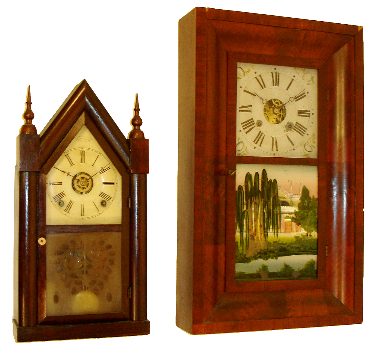 Clocks- 2 (Two):  J. J. Beals, Boston, MA 8 days, time/strike/alarm spring driven steeple clock, c1855. The second is a Chauncey Jerome, Bristol, Conn.30 hours, weight driven time and strike, OG clock, c1842. — Antique Clocks Price Guide
