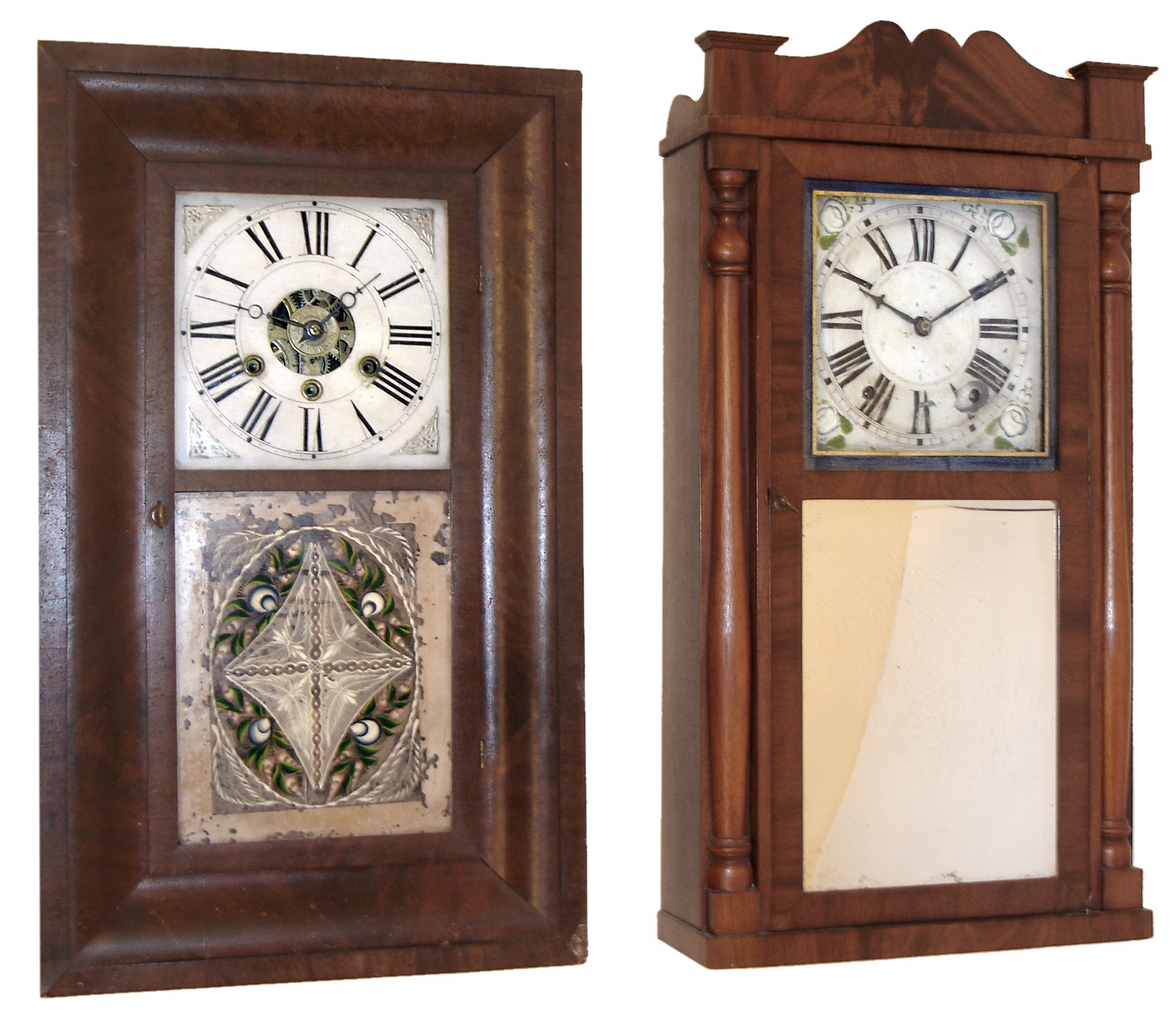 Clocks- 2 (Two):  Daniel Pratt, Jr, Reading, MA 30 hours, weight driven time and strike, wooden works half column and splat shelf clock, c1842. The second clock is a Chauncey Boardman, Bristol, Conn.30 hours, weight driven time/strike/alarm OG clock, c1847. — Antique Clocks Price Guide