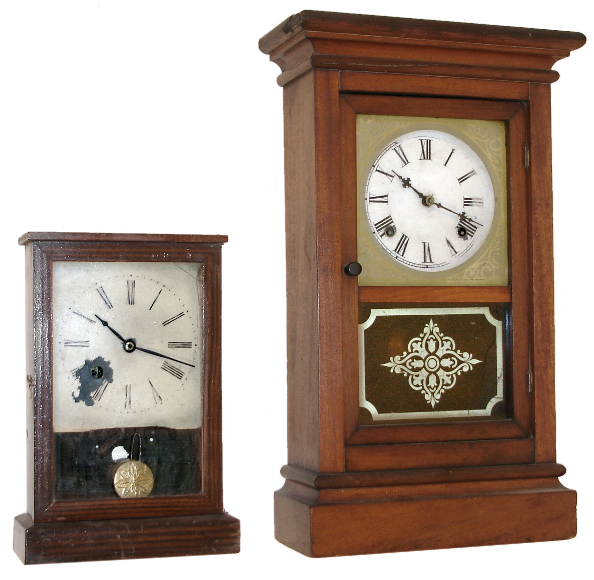 Clocks- 2 (Two):  Waterbury Clock Co., Waterbury, Conn.8 days, spring driven time and strike, shelf clock, c1870. The second is a Henry Sperry, NYC, 30 hours, timepiece spring driven cottage clock, c 1850. — Antique Clocks Price Guide