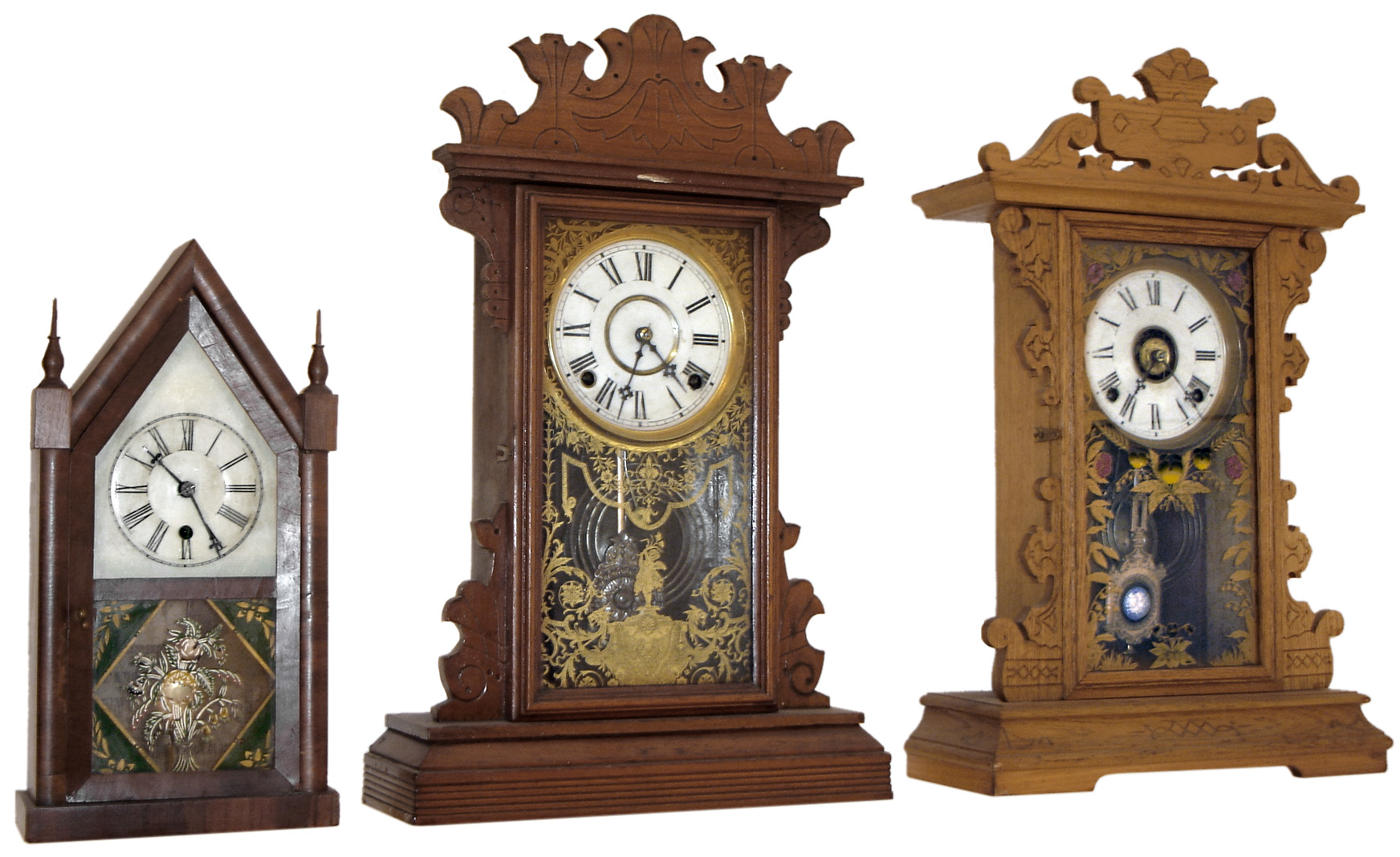 Clocks- 3 (Three)= (1) William L. Gilbert &amp; Co., Winchester, Conn., 30 hours, miniature sharp gothic or steeple timepiece, c1865  (2) E. N. Welch Mfg. Co., Forestville, Conn., "Garcia", 8 days, time and strike, mantel clock, c1889   (3) E.N. Welch Mfg. Co., Forestville, Conn., 8 days, time and strike, mantel clock. — Antique Clocks Price Guide