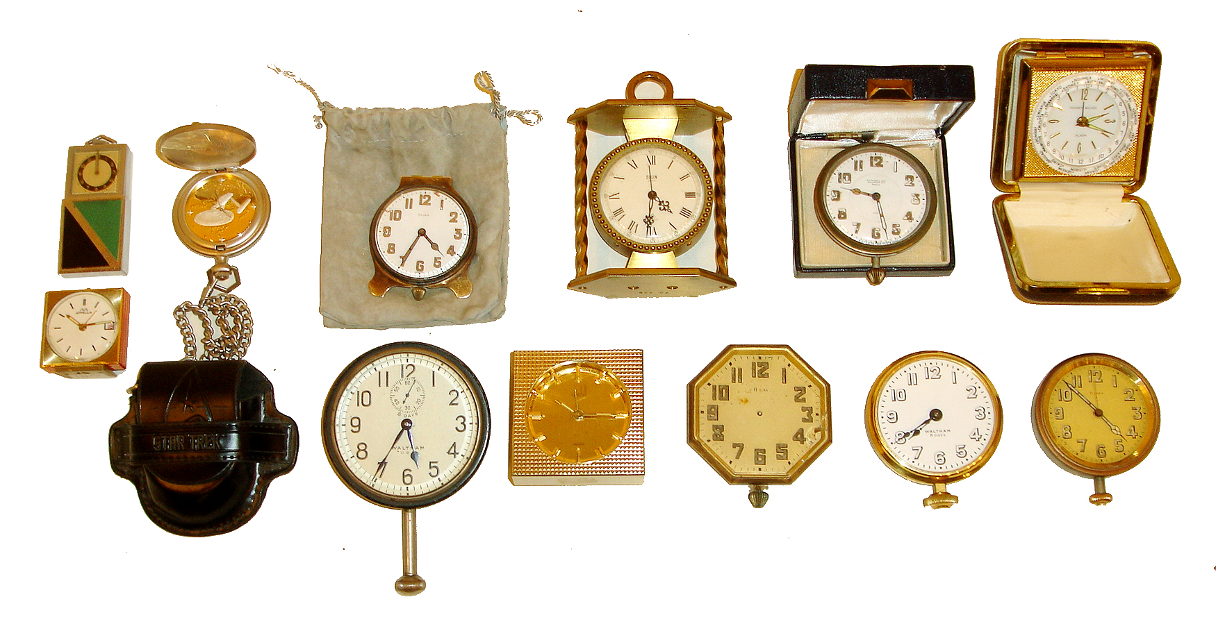 Clocks- 12 (Twelve) travel, alarm, and auto clocks including Waltham, Elgin, Dunhill, Phinney Walker, and others — Antique Clocks Price Guide
