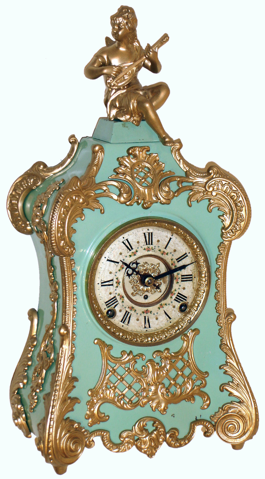 Kroeber Clock Co., New York, "Pompadour" enameled iron 8 days, time and strike, figural mantel clock, c1895 — Antique Clocks Price Guide