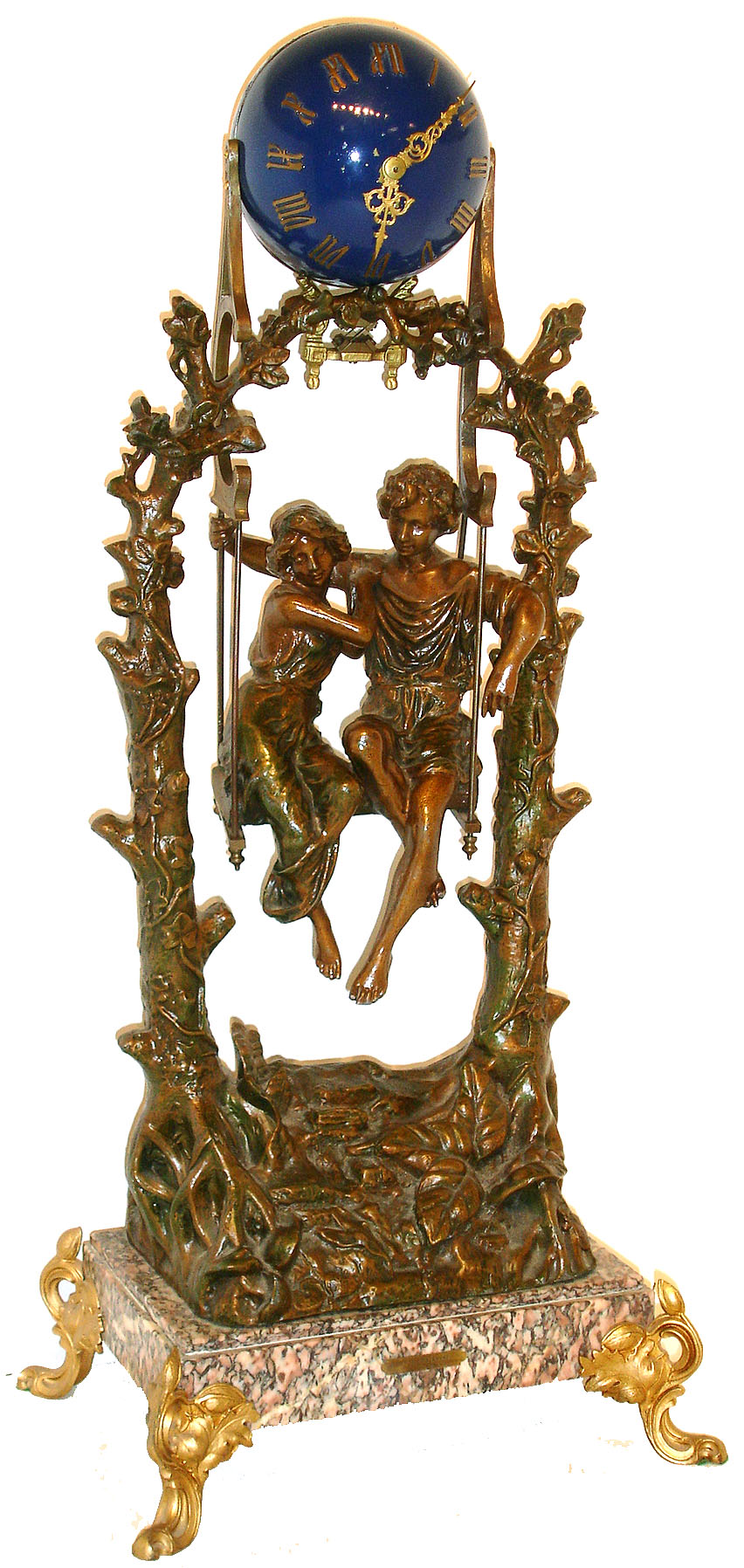 France, swinging clock featuring a patinated spelter sculpture of young couple seated on a swing suspended from two trees with climbing vines, beneath a spherical blue painted clock case with applied Gothic Roman numerals and gilt Louis XV hands and 8 days, time only movement, all mounted to a multicolored marble base on gilt c scroll feet with bud and leaf ornament, with engraved plaque marked "Idylle Printaniere Par Geo Maxime", sculpture also signed "Geo. Maxim" on lower right, c1890 — Antique Clocks Price Guide