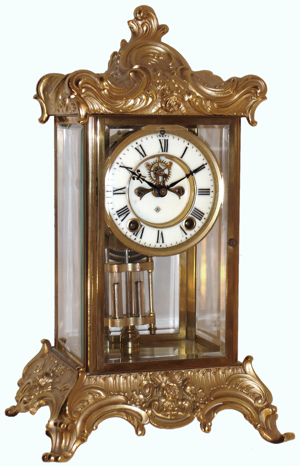 Ansonia Clock Co., New York, "Zenith" 8 days, time and strike, cast brass and beveled glass crystal regulator, with visible escapement, c1914 — Antique Clocks Price Guide