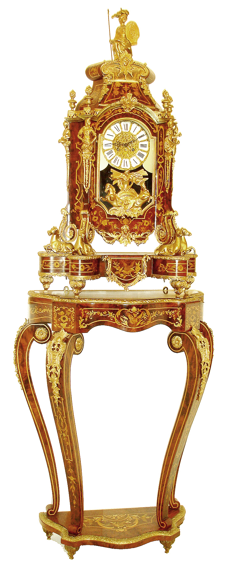 Italian, reproduction of a French, Louis XV style "tall clock", an extra large bracket clock with equestrian feet and a sub-base, the whole upon a floor stand with flared, inlaid legs, the main case with matching fine marquetry, inlaid with small musical themes, ribbons and flowers, with an 8 days, German movement, signed FHS, c1984 — Antique Clocks Price Guide