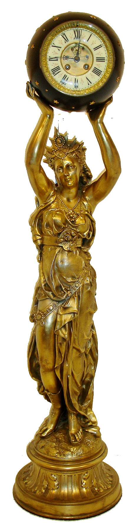 French, standing figural clock with an elegant robed female statue holding in her outstretched arms a blue star studded ball containing the time and strike, movement, with open brocot escapement. c1890. 44 inches — Antique Clocks Price Guide