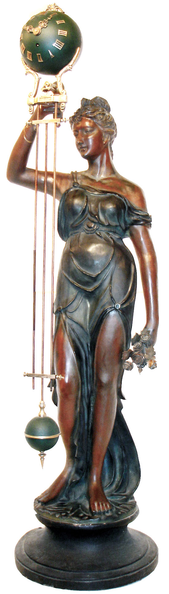 Figural Swinger, extremely large, 8 days, time only, spring driven movement in a second's beating ball form 61" long swinging arm mounted on a bronze female figure holding bouquet of roses resting on a circular base, circa late 20th century, number 8 of 15 made, Asian. — Antique Clocks Price Guide