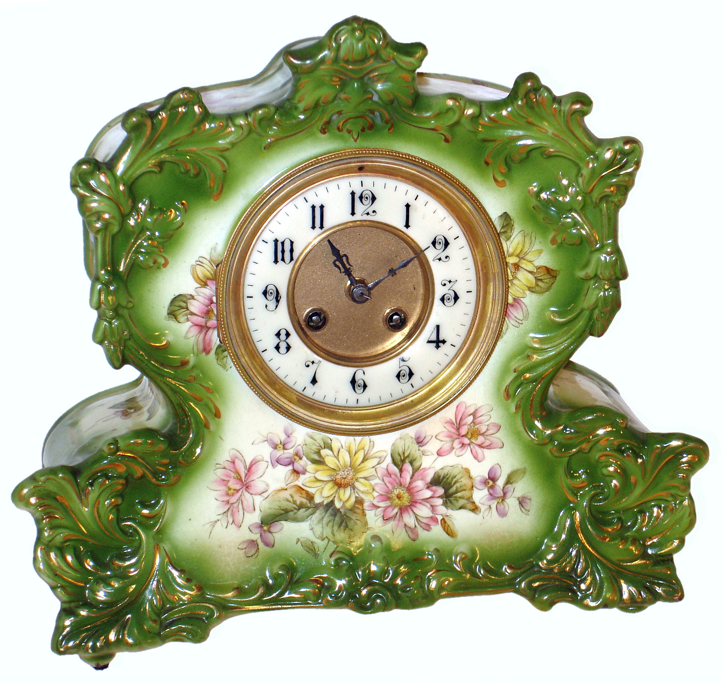 French painted porcelain 8 days, time and strike, mantel clock, Japy Freres Medaille D'Honneur movement, c1900 — Antique Clocks Price Guide