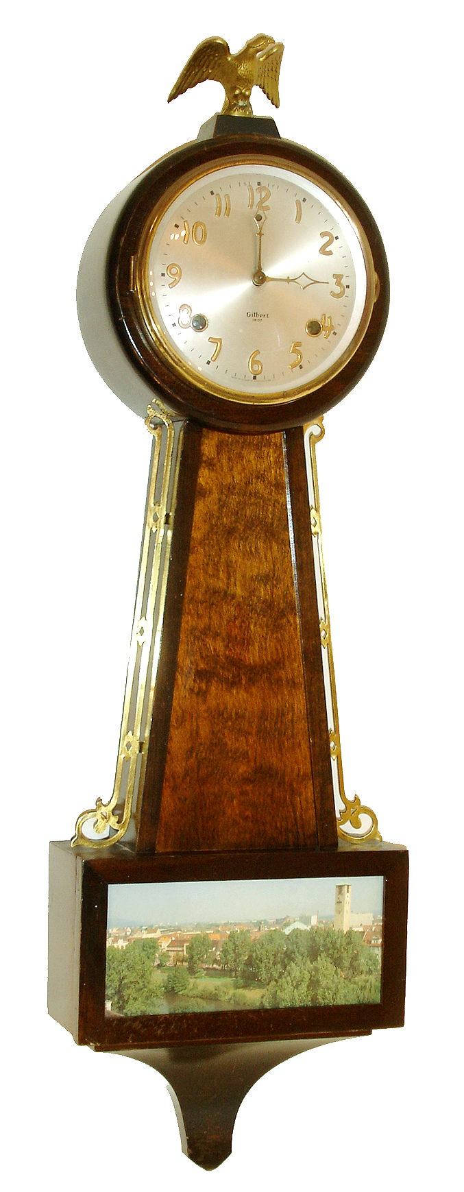 William L. Gilbert Clock Co., Winsted, Conn., 8 days, time &amp; strike banjo wall clock, c1929 — Antique Clocks Price Guide