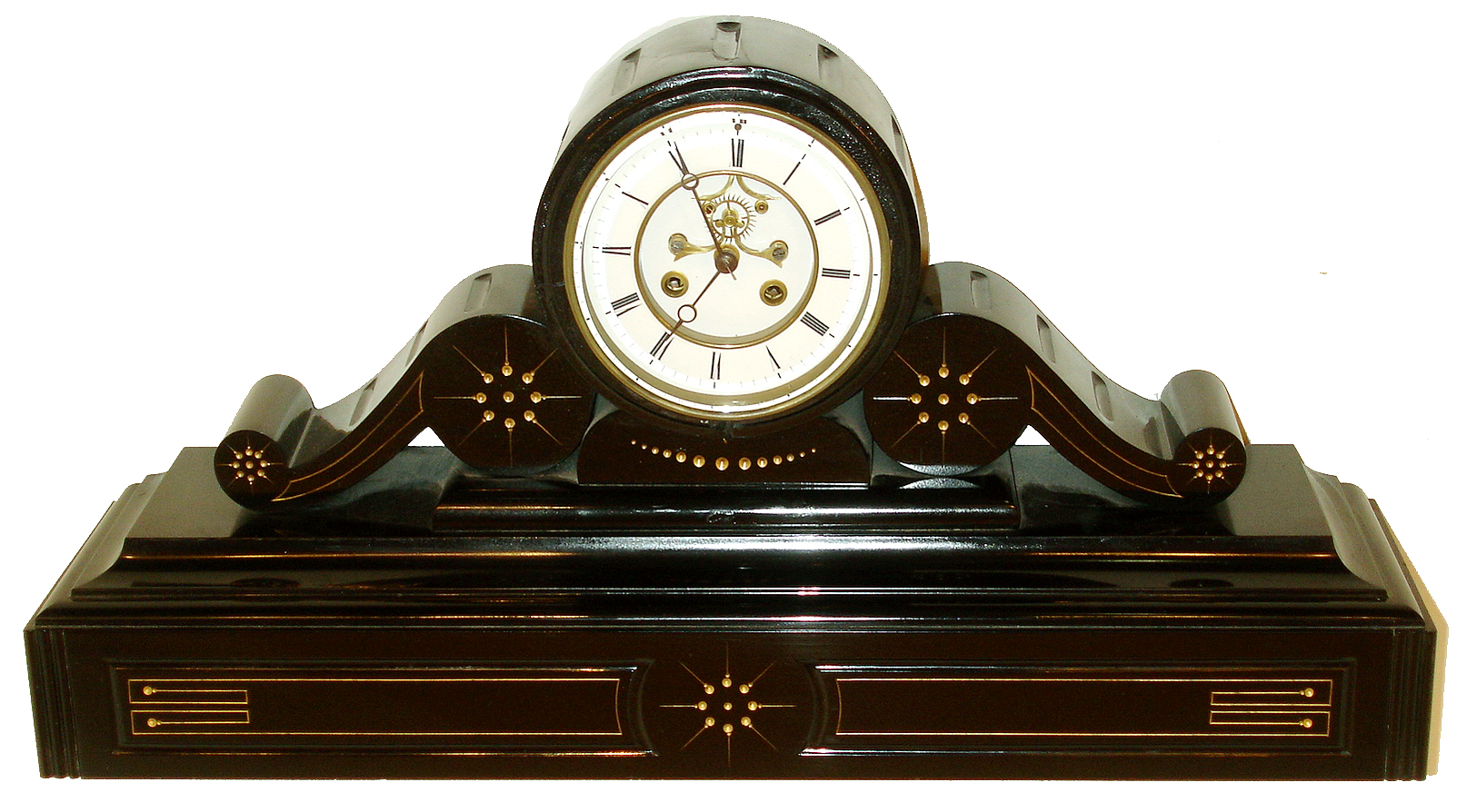 French black slate mantel clock, large drumhead style case with gilt incised line decoration, bezel with thick beveled glass, Roman numeral white enamel dial with recessed center and exposed Brocot escapement, blued steel Breguet style hands, 8 days, time and strike, Pendule a Paris movement marked S. Marti, c1880 — Antique Clocks Price Guide