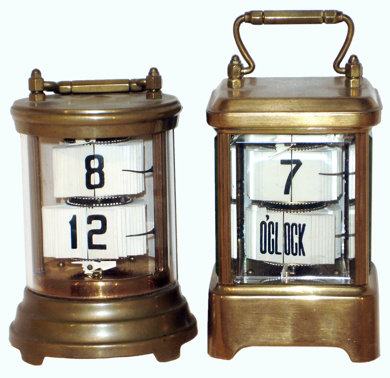 Clocks- 2 (Two) Plato brass and glass 30 hours, flipping-number digital timepieces: one rectangular with beveled glass; one cylindrical; c1905 — Antique Clocks Price Guide