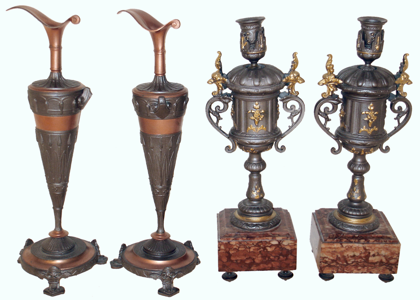 Clock Side Pieces: 2 pairs of mantelpiece cast metal and marble accessories: two candlesticks and two urns, early 20th century — Antique Clocks Price Guide