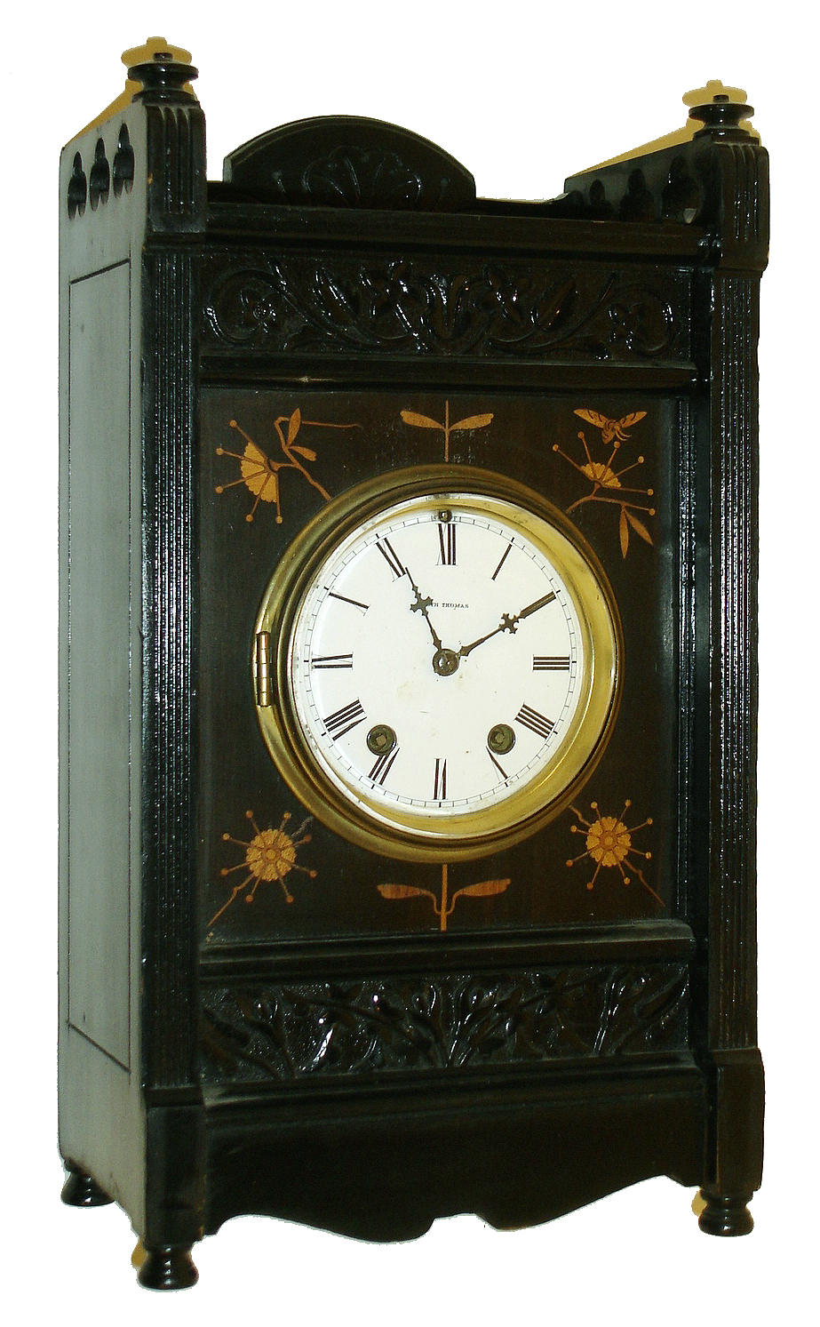 Seth Thomas Sons &amp; Co., Thomaston, Conn., "Bee", cabinet series 15 day, time and strike, ebonized case mantel clock, c1881 — Antique Clocks Price Guide