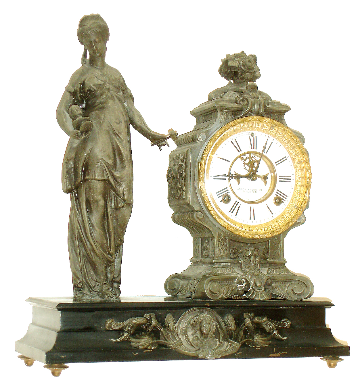 Ansonia Clock Co., New York, "Athenian" 8 days, time and strike, visible escapement figural mantel clock, c1894. — Antique Clocks Price Guide