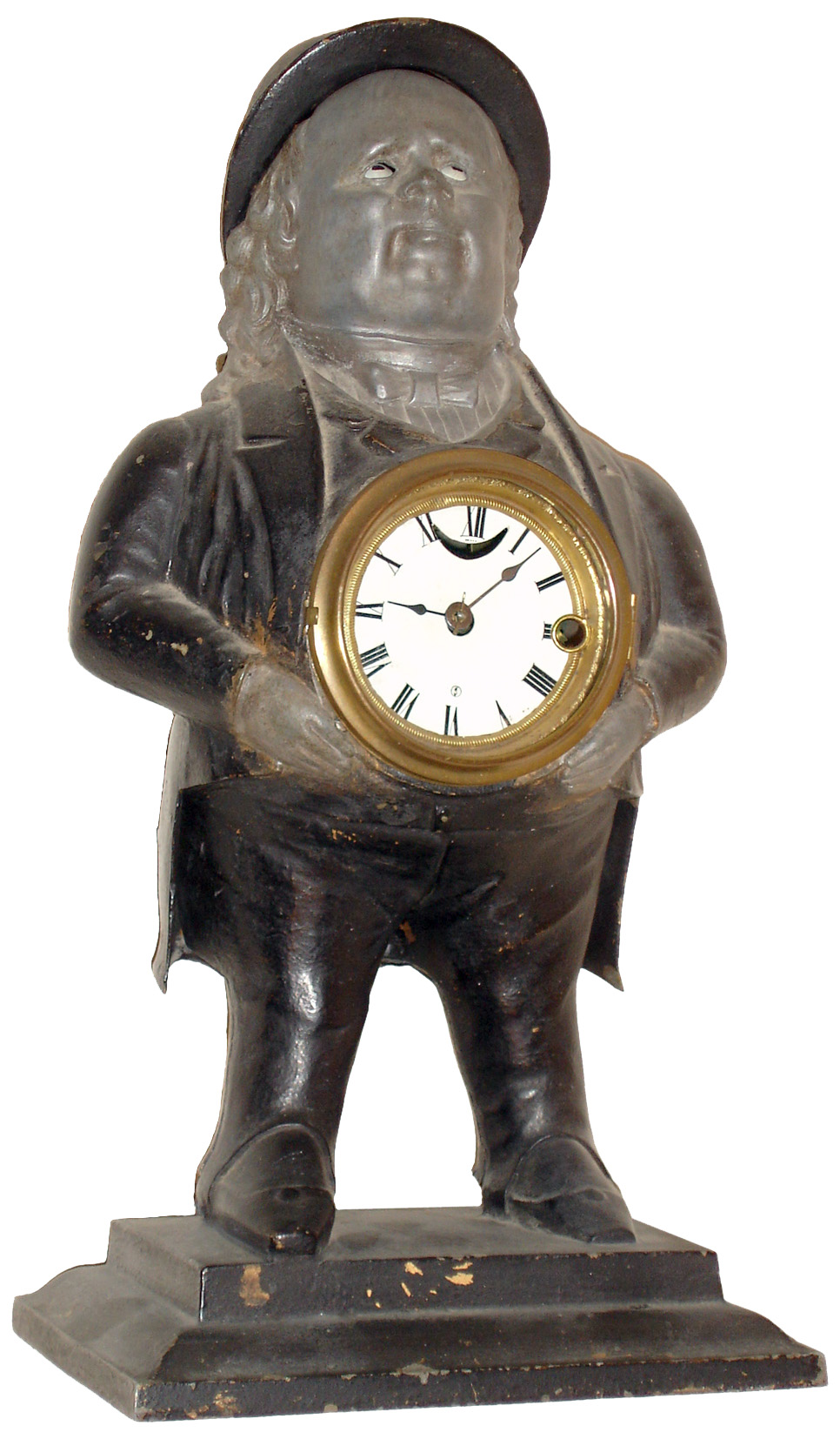 Waterbury Clock Co., Waterbury, Conn., "John Bull / Squire" blinking eye figural mantel clock, 8 days, time only, spring driven movement in a painted cast iron case with papered dial, c1875 — Antique Clocks Price Guide