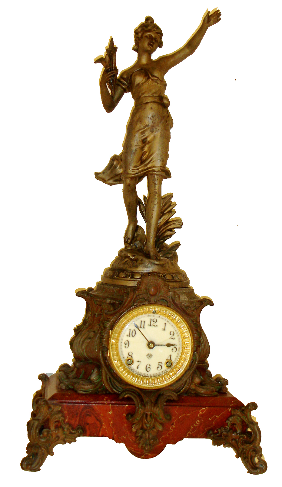 Ansonia Clock Co., New York, "Cymric" Art Nouveau style cast metal figural clock No. 1173 with "Grecian Verde" finish on red painted metal marbleized base, c1904 — Antique Clocks Price Guide