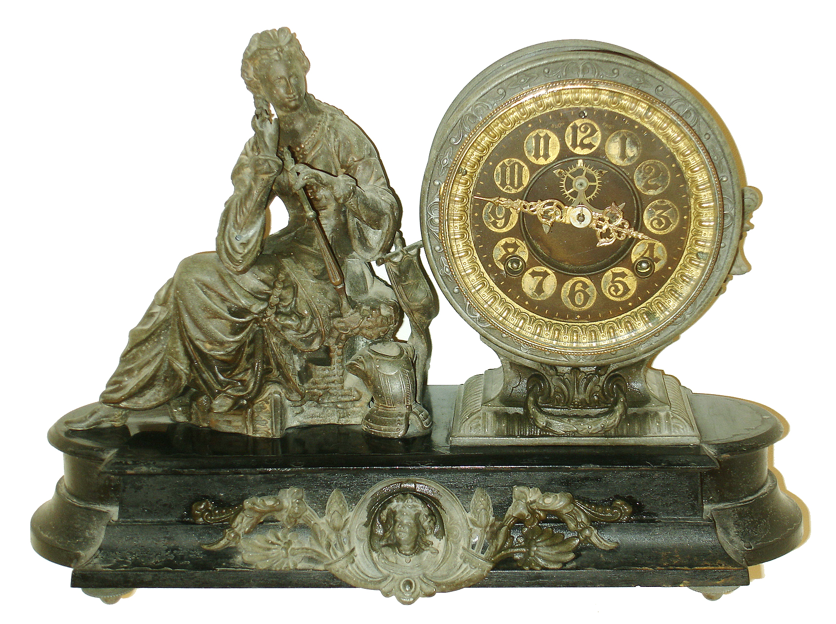 Ansonia Clock Co, Ansonia, Conn.figural mantel clock with number 1028 "Queen" figure on a "Newton" base, 8 days, time and strike, visible escapement, c1894. Base is cast iron and the statute and applied ornament are spelter. — Antique Clocks Price Guide