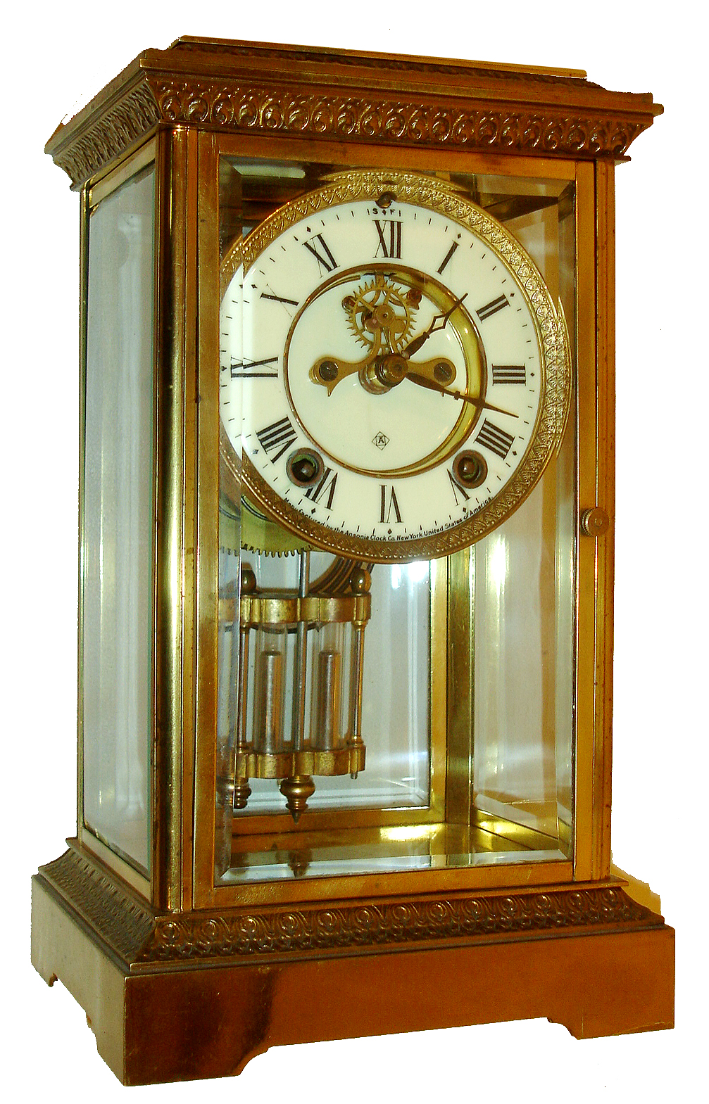 Ansonia Clock Co., New York, "Wanda" model Crystal Regulator with spring driven 8 days, hour/half-hour strike, c1914. — Antique Clocks Price Guide