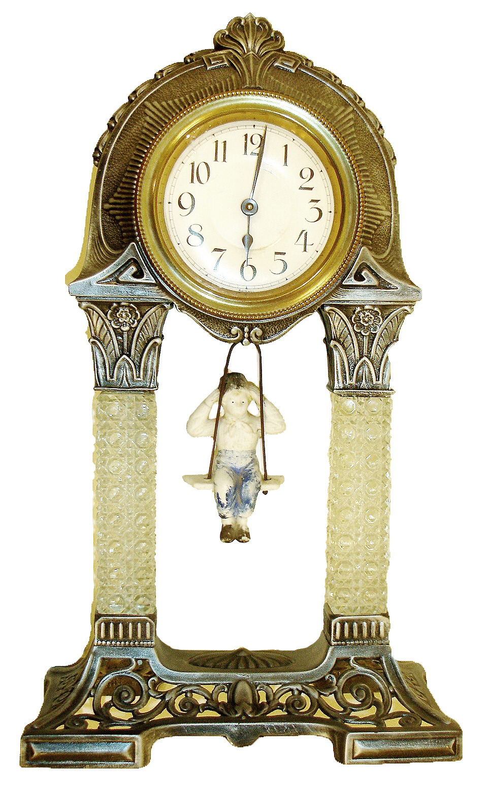 German mantel clock with bouncing doll pendulum, spelter case with deco styling and classical ornament and two decorative pressed glass columns, Arabic numeral paper dial, 30 hours, time only movement with bisque "boy on a swing" pendulum, c1930 — Antique Clocks Price Guide