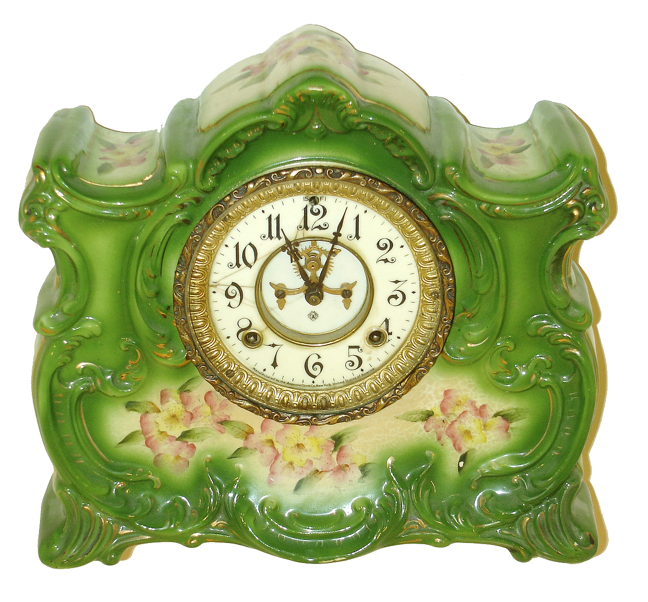 Ansonia Clock Co., Ansonia, Conn., "Ossipee", 8 days, time and strike, porcelain mantel clock. c1901 — Antique Clocks Price Guide