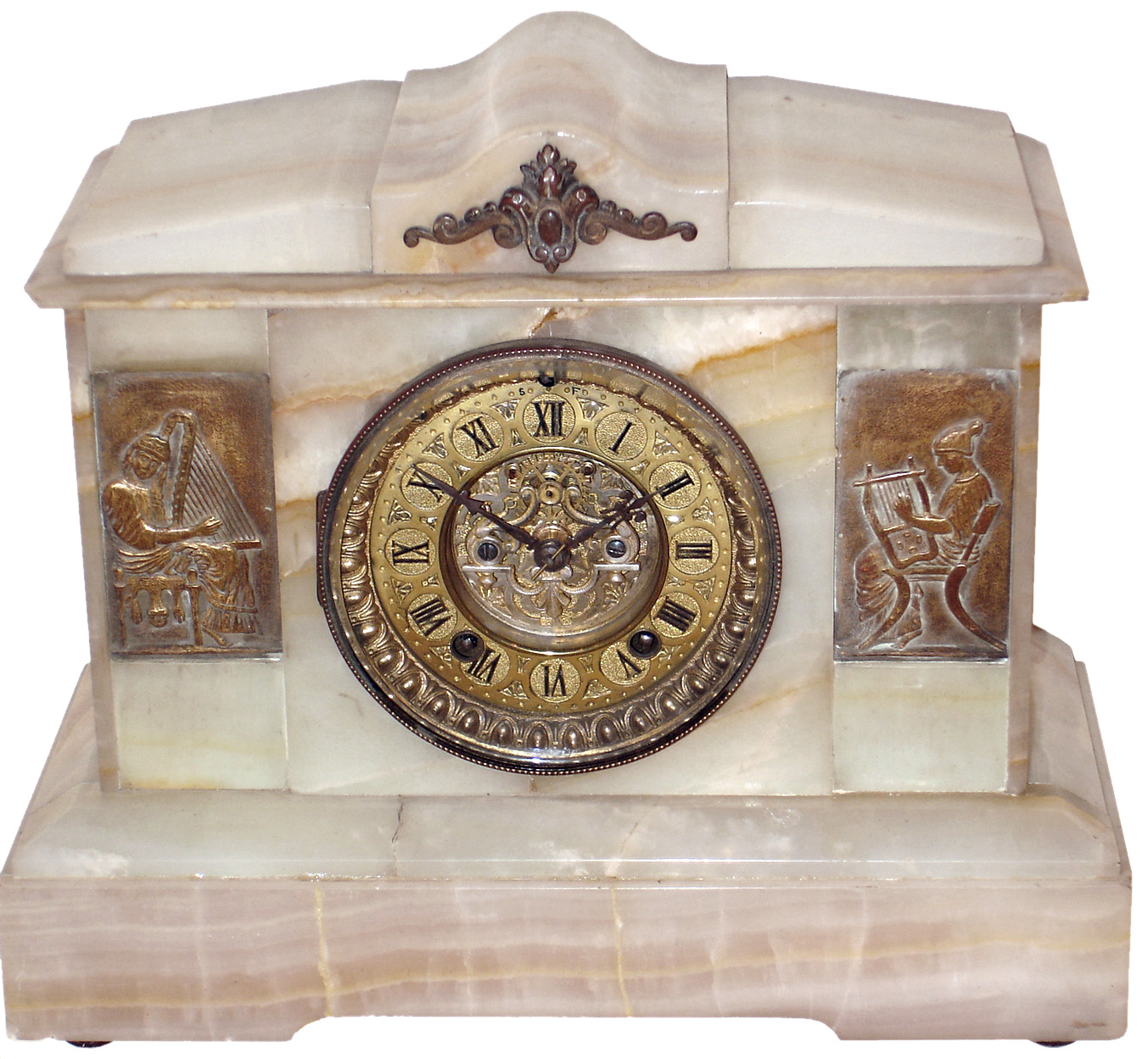 Ansonia Clock Co., New York, similar to "Lima", onyx 8 days, time and strike, mantel clock, exposed escapement, c1892 — Antique Clocks Price Guide