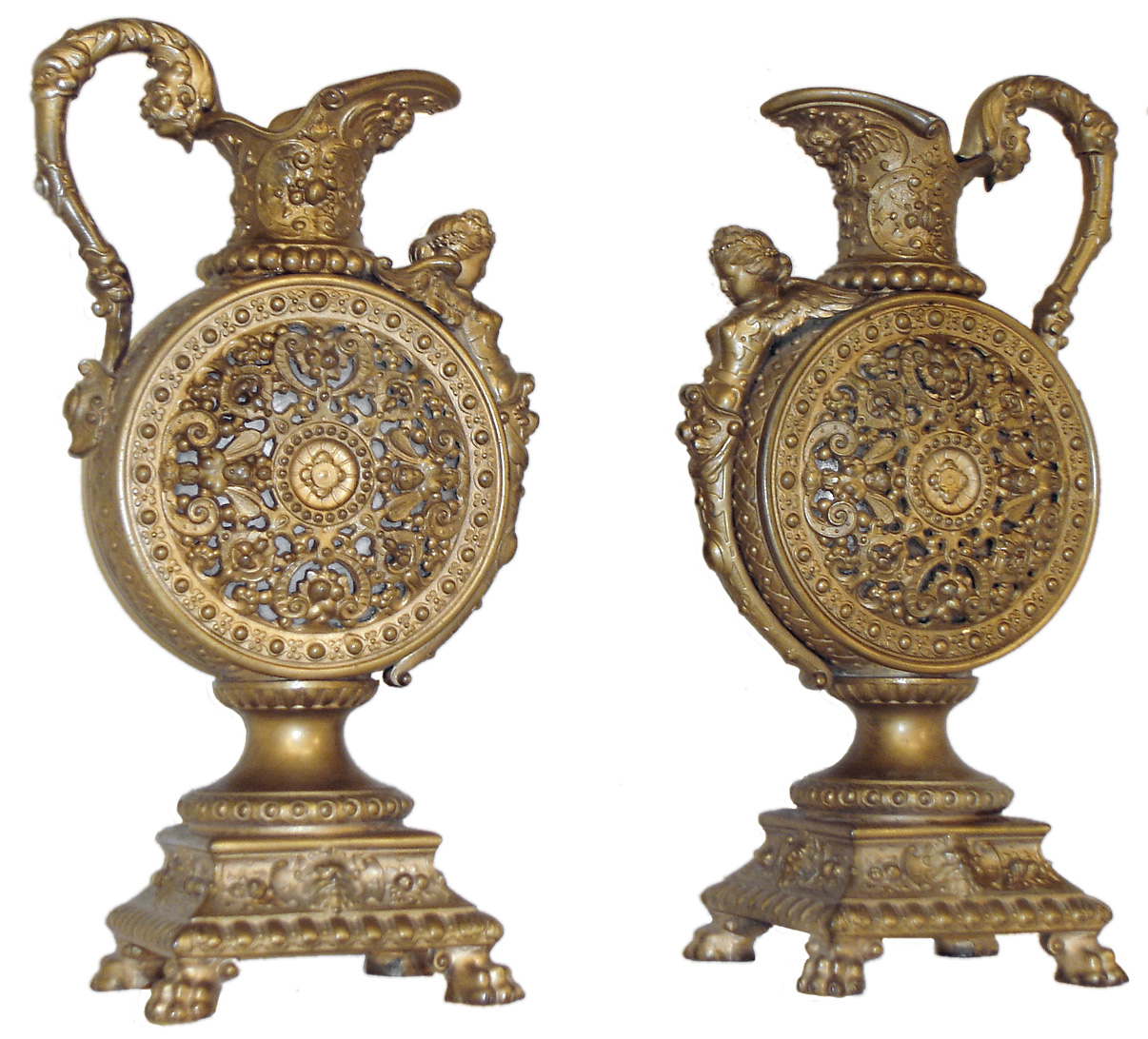 Ansonia Clock Co., New York, "Etruscan Pitchers" cast metal side pieces finished in "Japanese Bronze", c1904 — Antique Clocks Price Guide