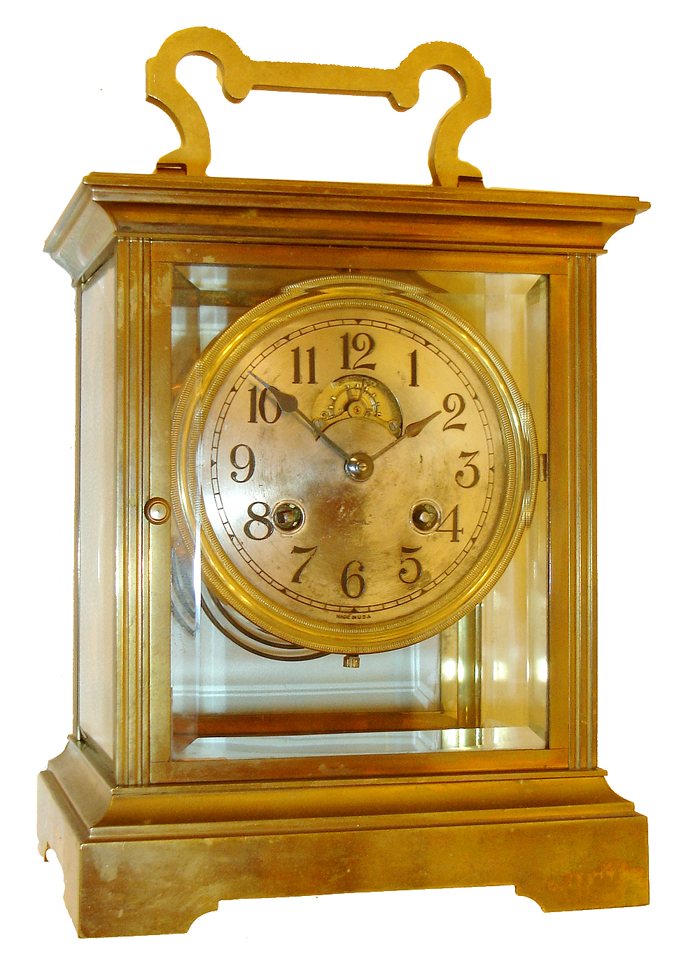 Seth Thomas Clock Co., Thomaston, Conn., "Carriage no. 7", (variant) 8 days, time and strike, 7-jewel balance wheel movement, extra large carriage clock. There is some question as to whether this is a Seth Thomas as the movement and dial are not marked. There is an example in the catalog, but the model shown is only 9" tall. This model is 11.25" tall. It is a quality made American made clock and possibly by Seth Thomas and not shown in their catalog, c1909 — Antique Clocks Price Guide