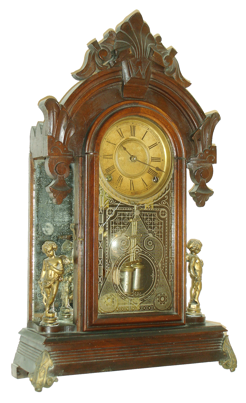 Ansonia Clock Co., Ansonia, Conn., "Windsor" mirror sided mantel clock, 8 days, time and strike, walnut case, c1880. — Antique Clocks Price Guide