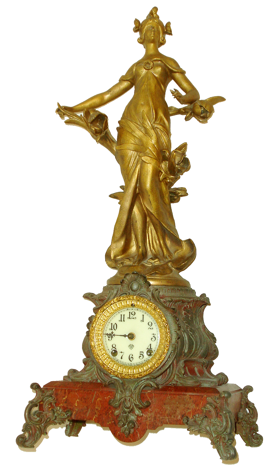 Ansonia Clock Co., New York, NY, "Cymric base with statue no 1175", 8 days, time &amp; Strike brass movement figural mantel clock, c1904 — Antique Clocks Price Guide