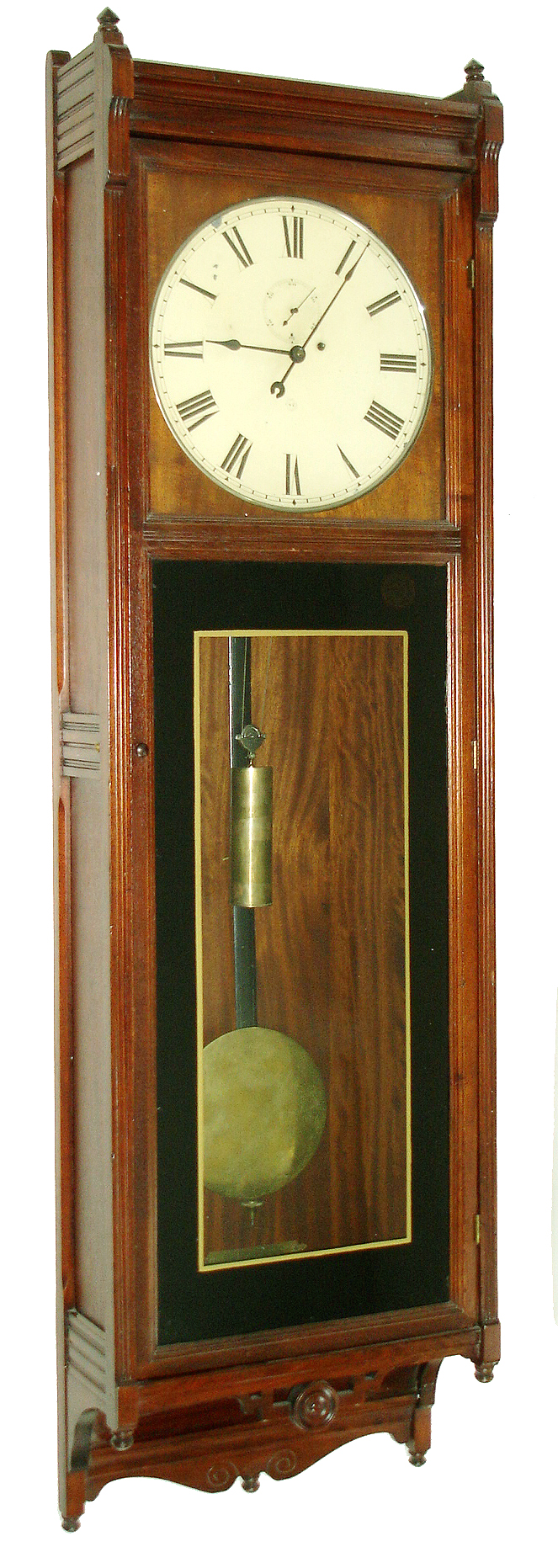 Seth Thomas Clock Co., Thomaston, Conn., "Regulator No. 17" wall clock, 8 days, time only, brass weight driven movement in a walnut case with painted metal dial and reverse painted lower glass, c1883 — Antique Clocks Price Guide