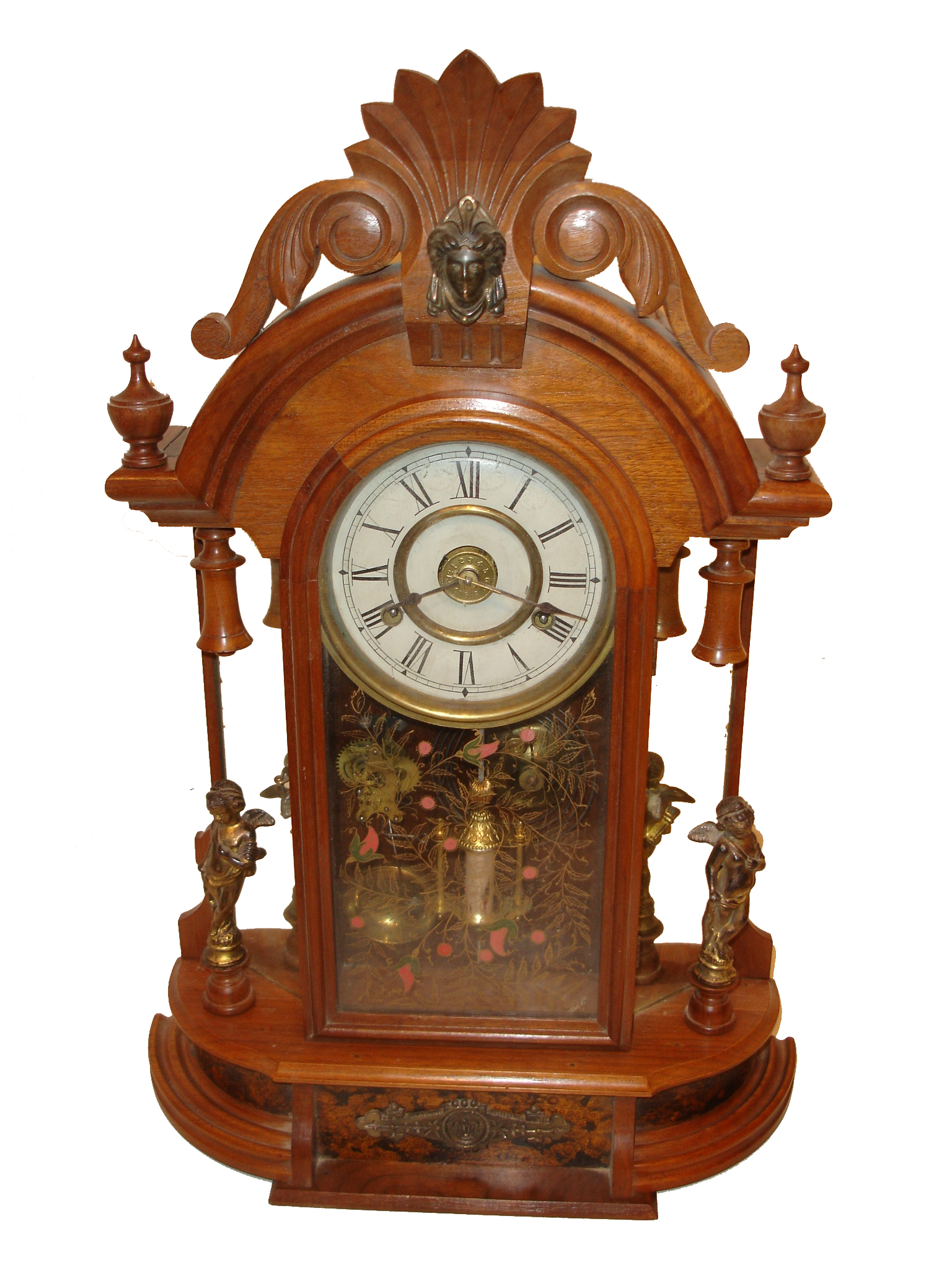 New Haven Clock Co., New Haven, Conn., "Occidental" 8 days, time, strike and alarm mirror sided mantel clock, walnut case, c1895. — Antique Clocks Price Guide